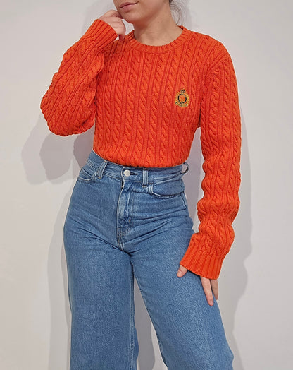 Pull en maille torsadée orange vintage - M