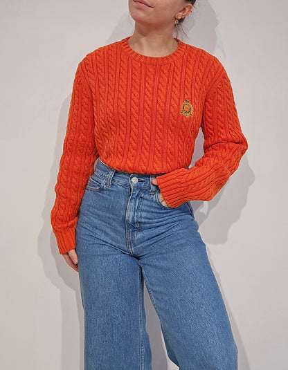 Pull en maille torsadée orange vintage - M