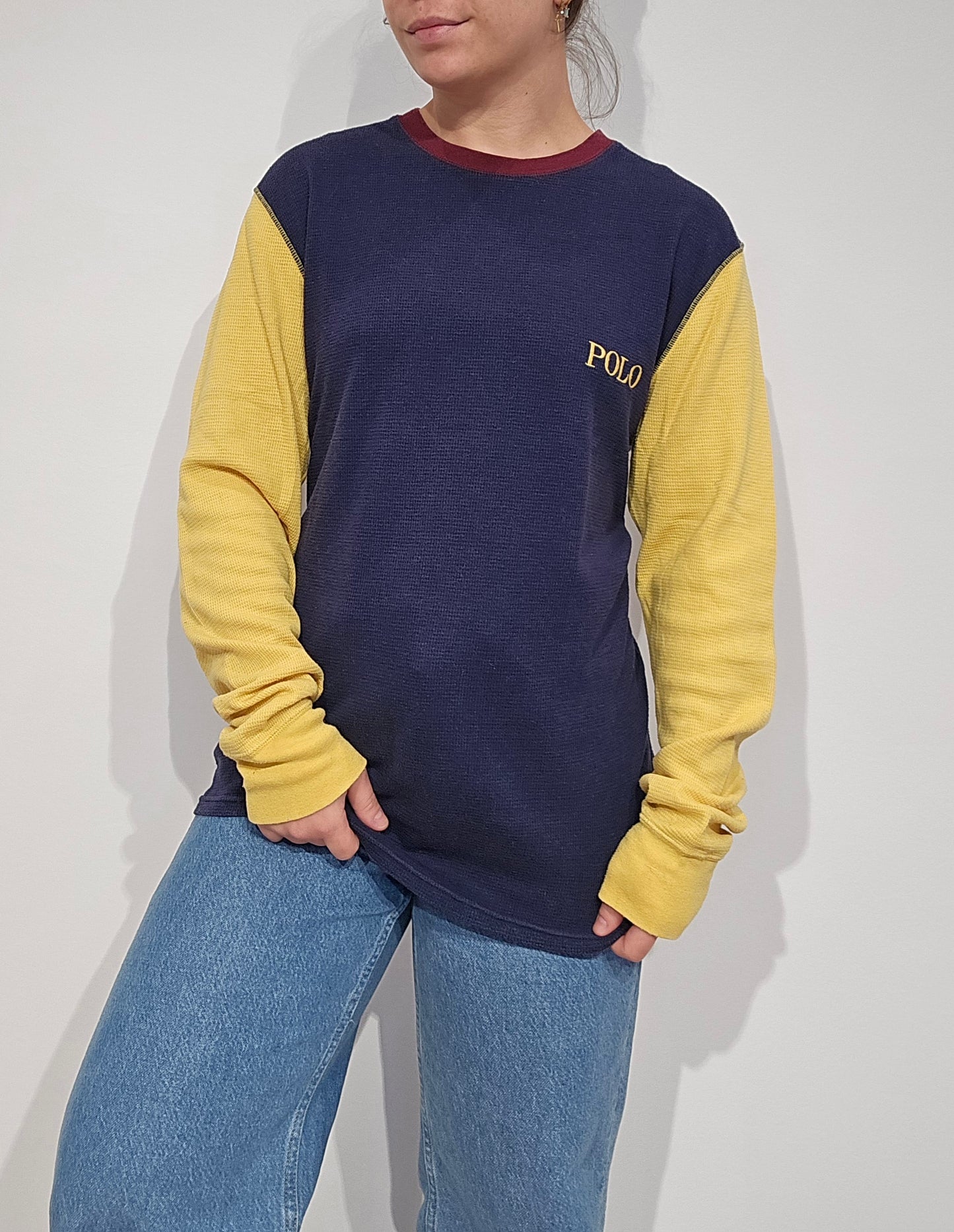 Pull léger en coton marine et jaune - M