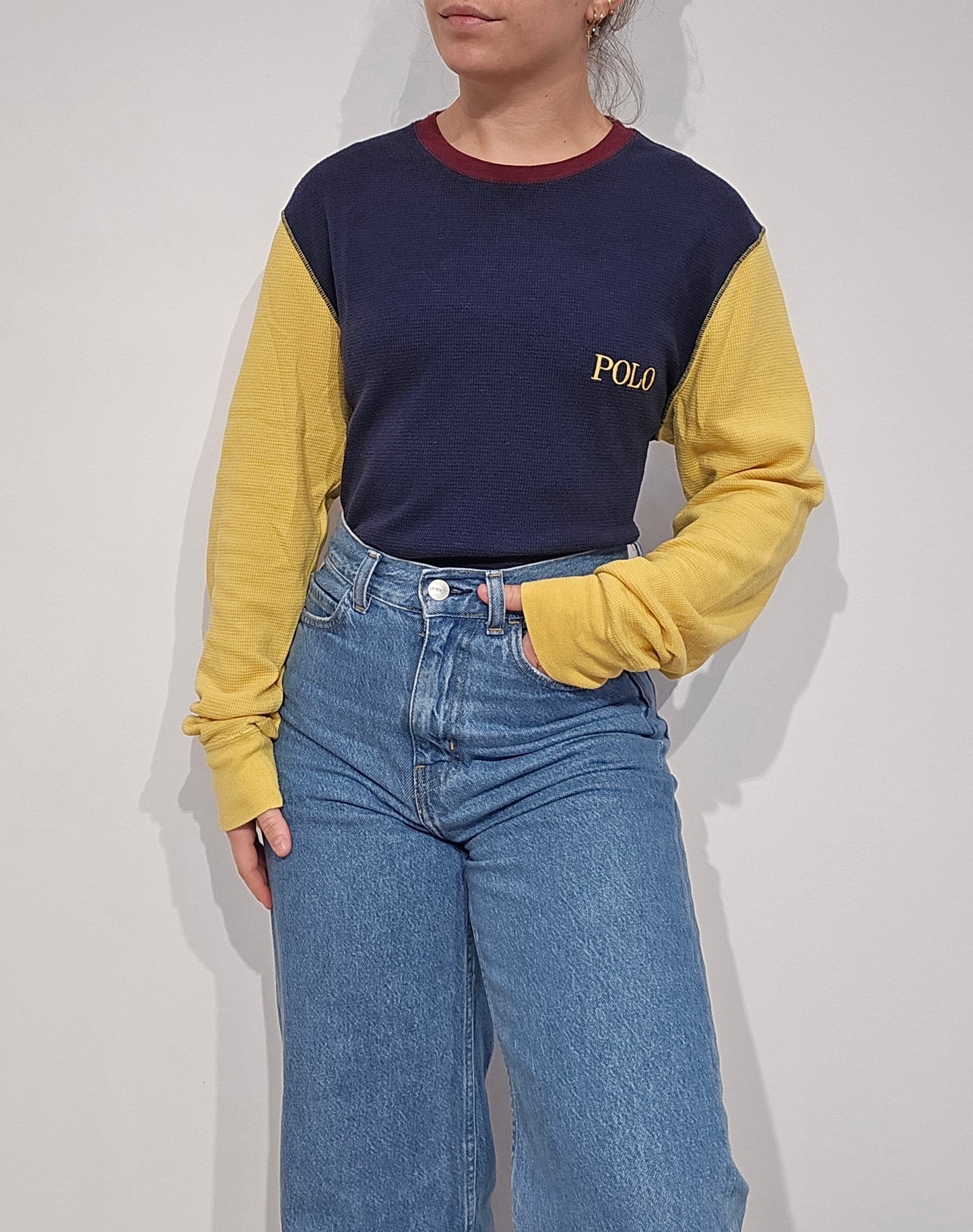 Pull léger en coton marine et jaune - M