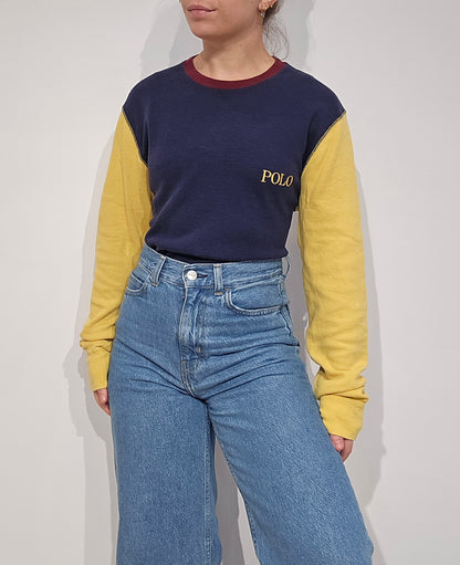 Pull léger en coton marine et jaune - M