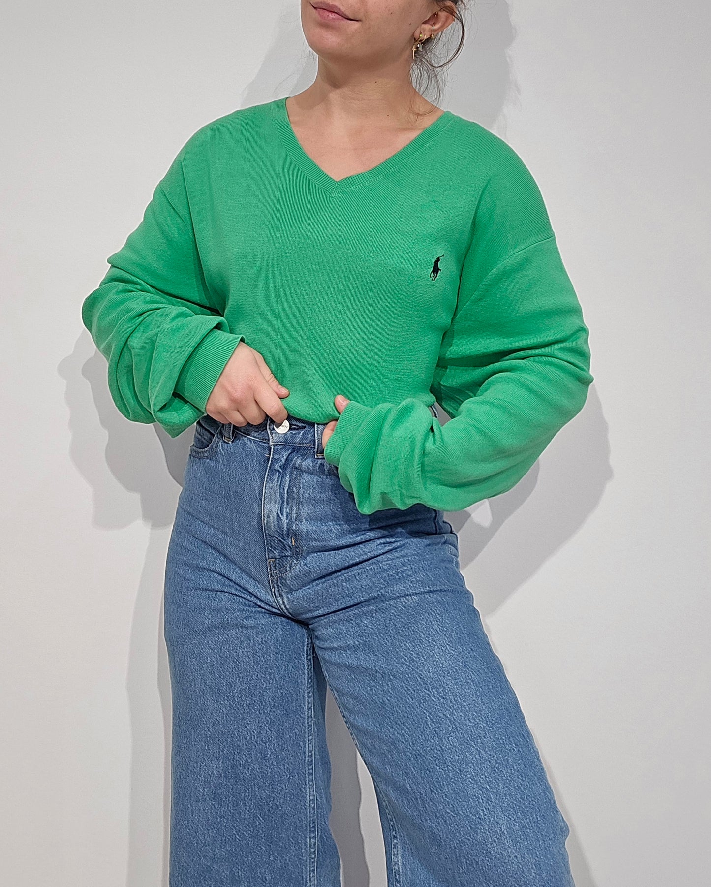 Pull col V en coton vert - XL