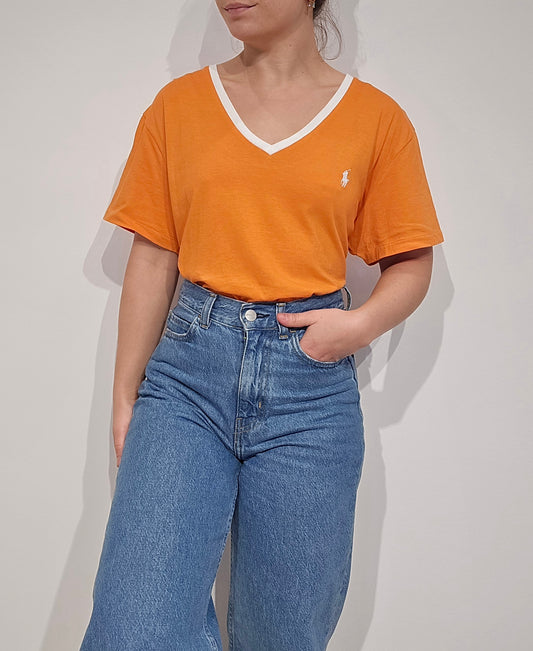 Tee-shirt col V uni orange - XL