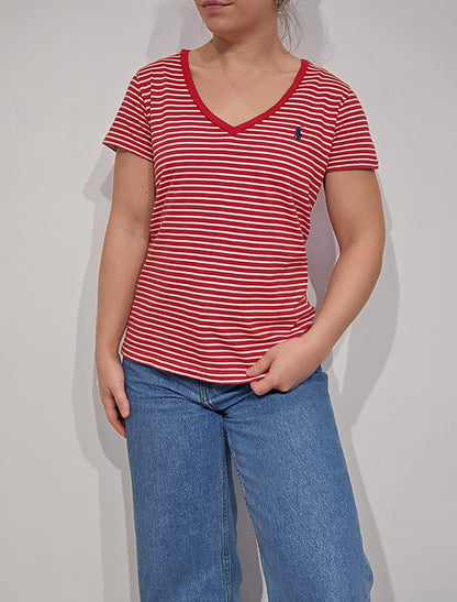 Tee-shirt col V à rayures rouge - S/M