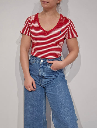 Tee-shirt col V à rayures rouge - S/M