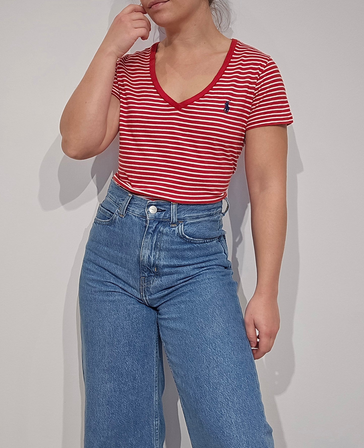 Tee-shirt col V à rayures rouge - S/M