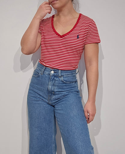 Tee-shirt col V à rayures rouge - S/M