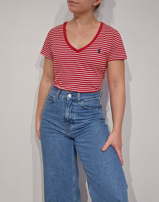 Tee-shirt col V à rayures rouge - S/M