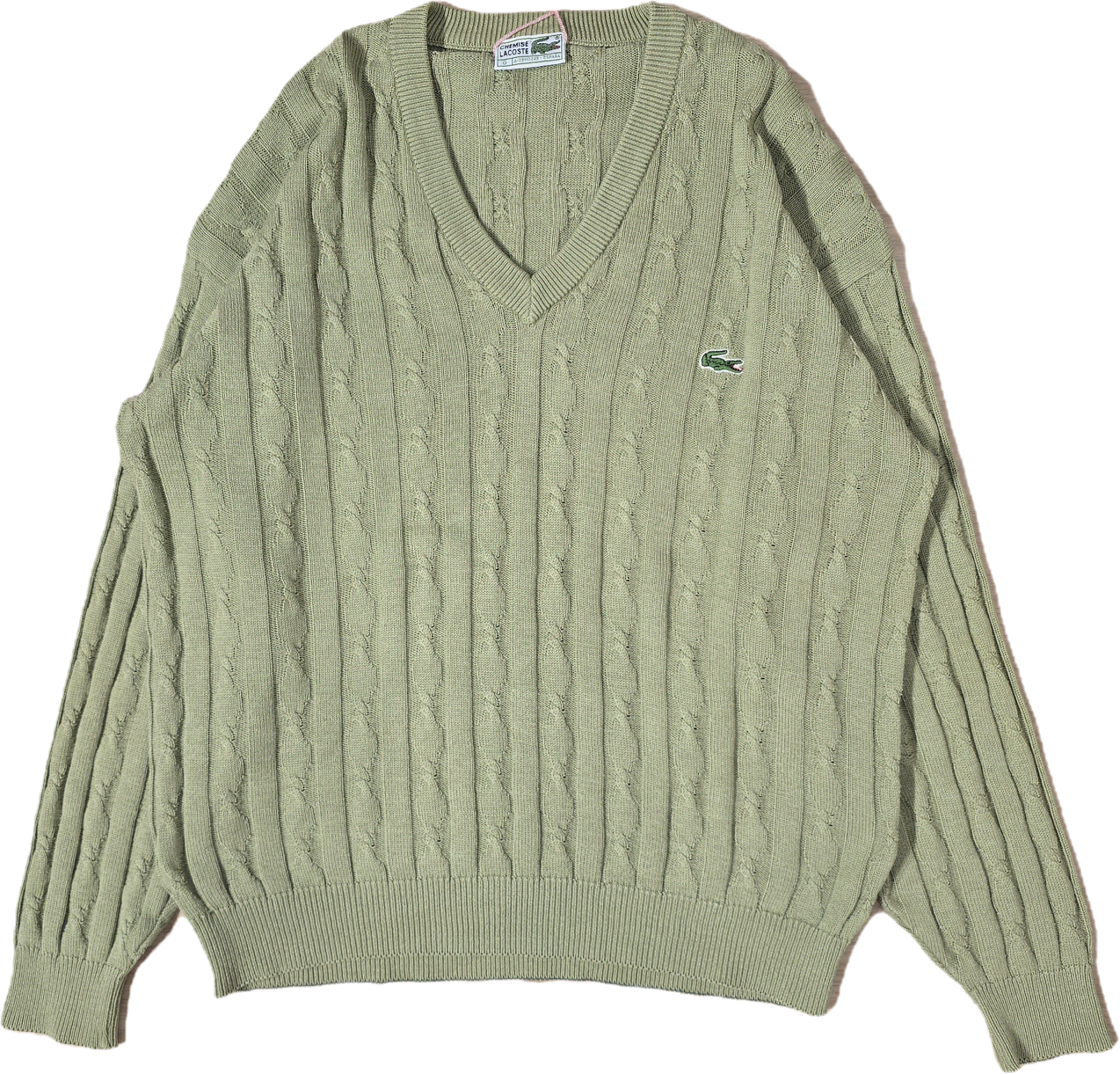 Pull col V en maille torsadée vert des années 80' -L