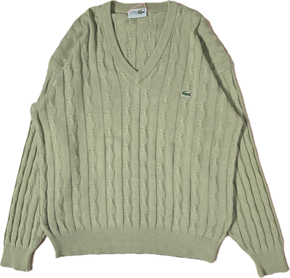 Pull col V en maille torsadée vert des années 80' - M