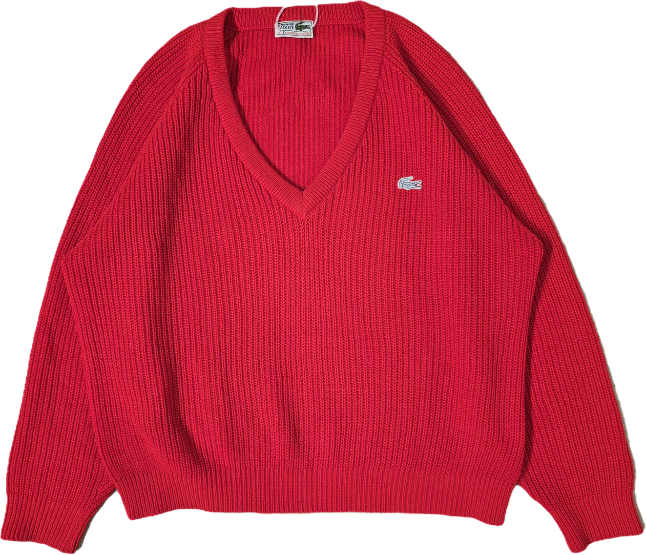 Pull col V en maille rouge des années 80' fabriqué en Espagne - L/XL