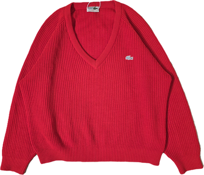 Pull col V en maille rouge des années 80' fabriqué en Espagne - L/XL