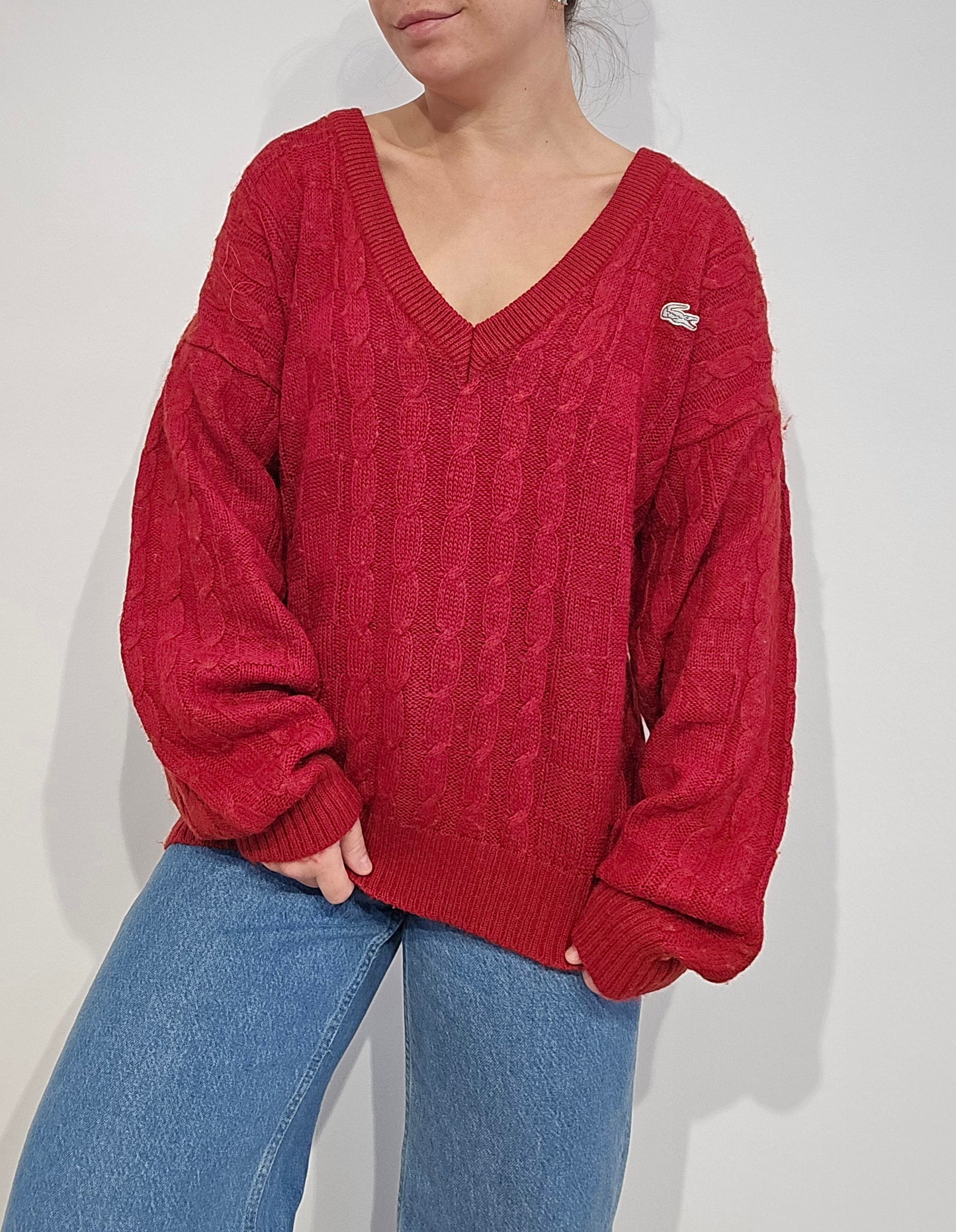 Pull col V en maille torsadée rouge des années 80' fabriqué en Espagne - XL