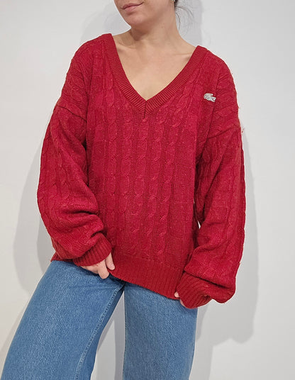 Pull col V en maille torsadée rouge des années 80' fabriqué en Espagne - XL