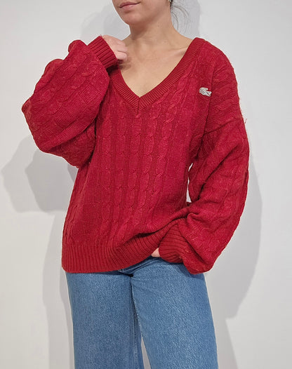 Pull col V en maille torsadée rouge des années 80' fabriqué en Espagne - XL