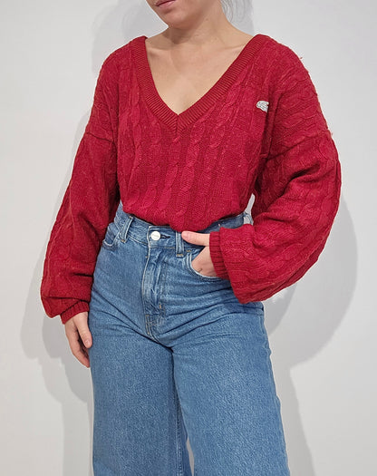Pull col V en maille torsadée rouge des années 80' fabriqué en Espagne - XL