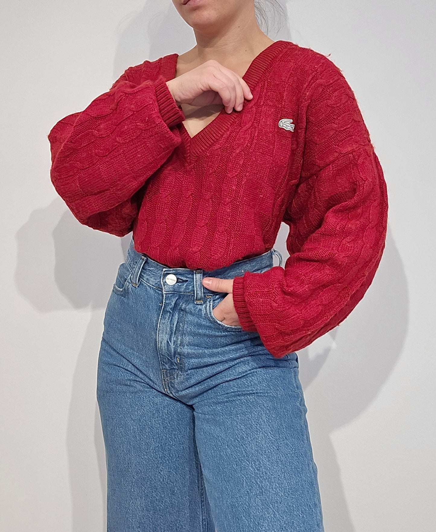 Pull col V en maille torsadée rouge des années 80' fabriqué en Espagne - XL