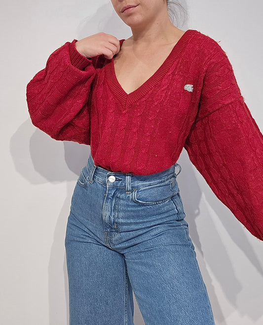 Pull col V en maille torsadée rouge des années 80' fabriqué en Espagne - XL