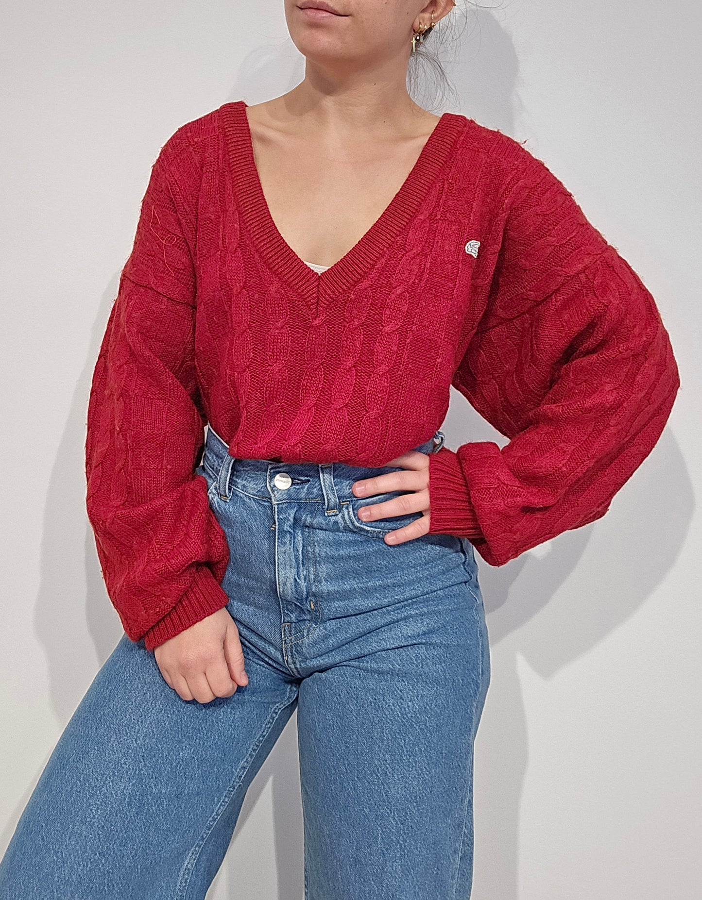 Pull col V en maille torsadée rouge des années 80' fabriqué en Espagne - XL