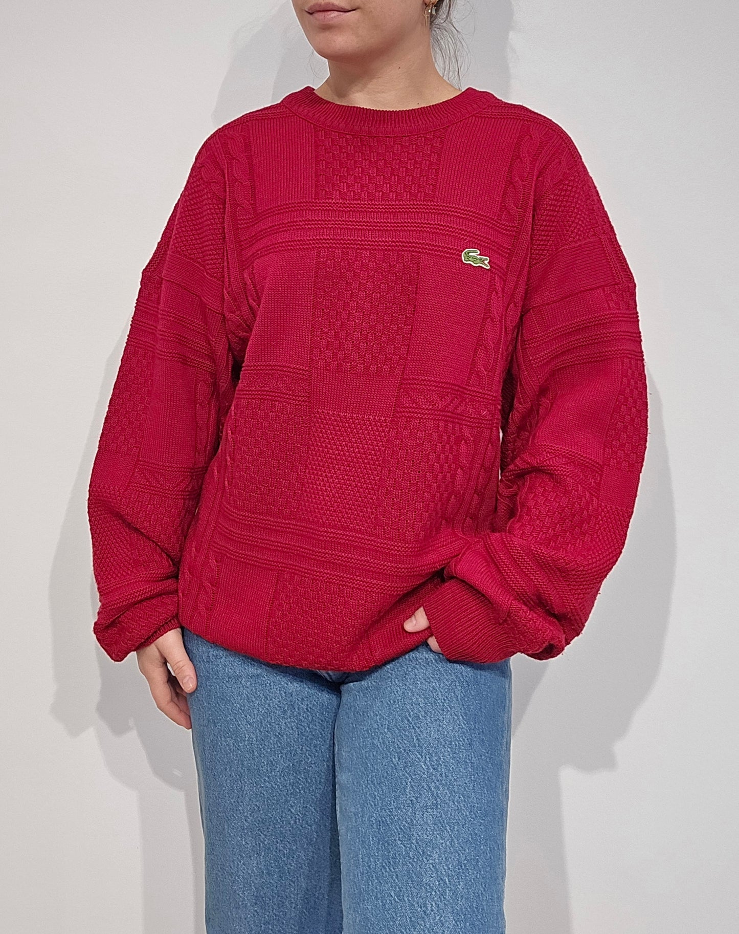 Pull en maille travaillée rouge des années 80' - XL