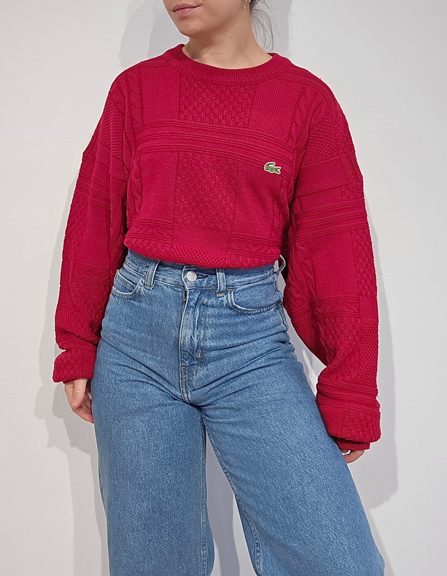 Pull en maille travaillée rouge des années 80' - XL