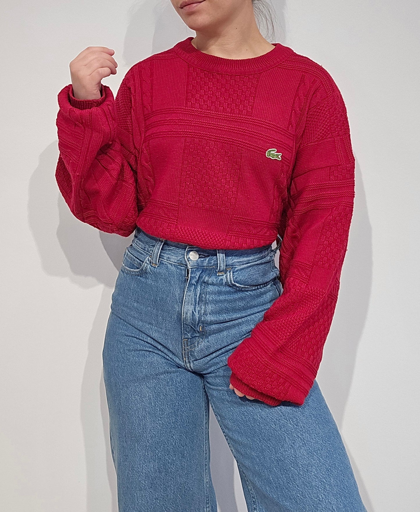 Pull en maille travaillée rouge des années 80' - XL