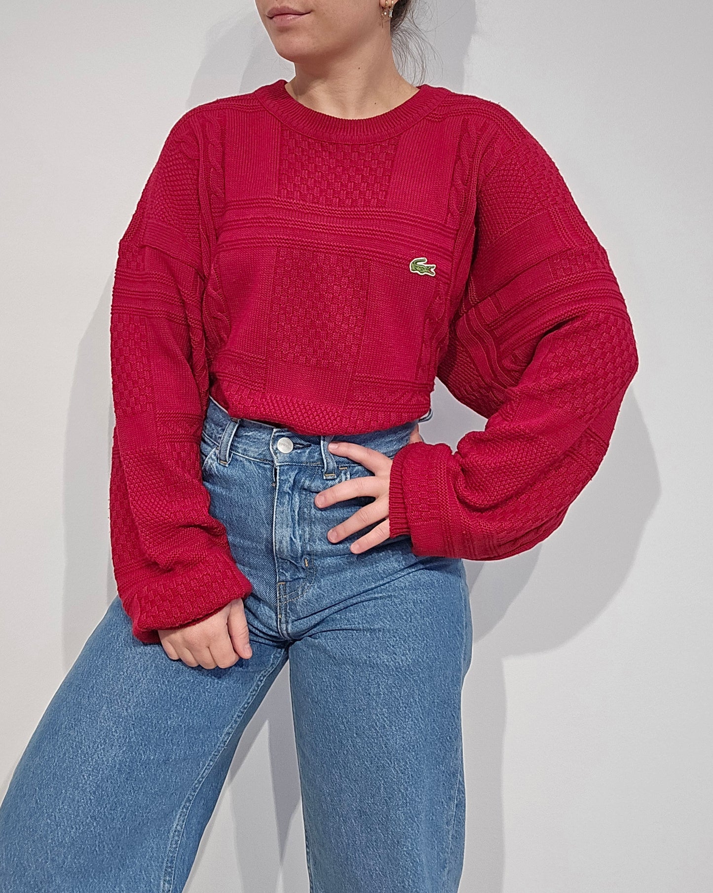 Pull en maille travaillée rouge des années 80' - XL