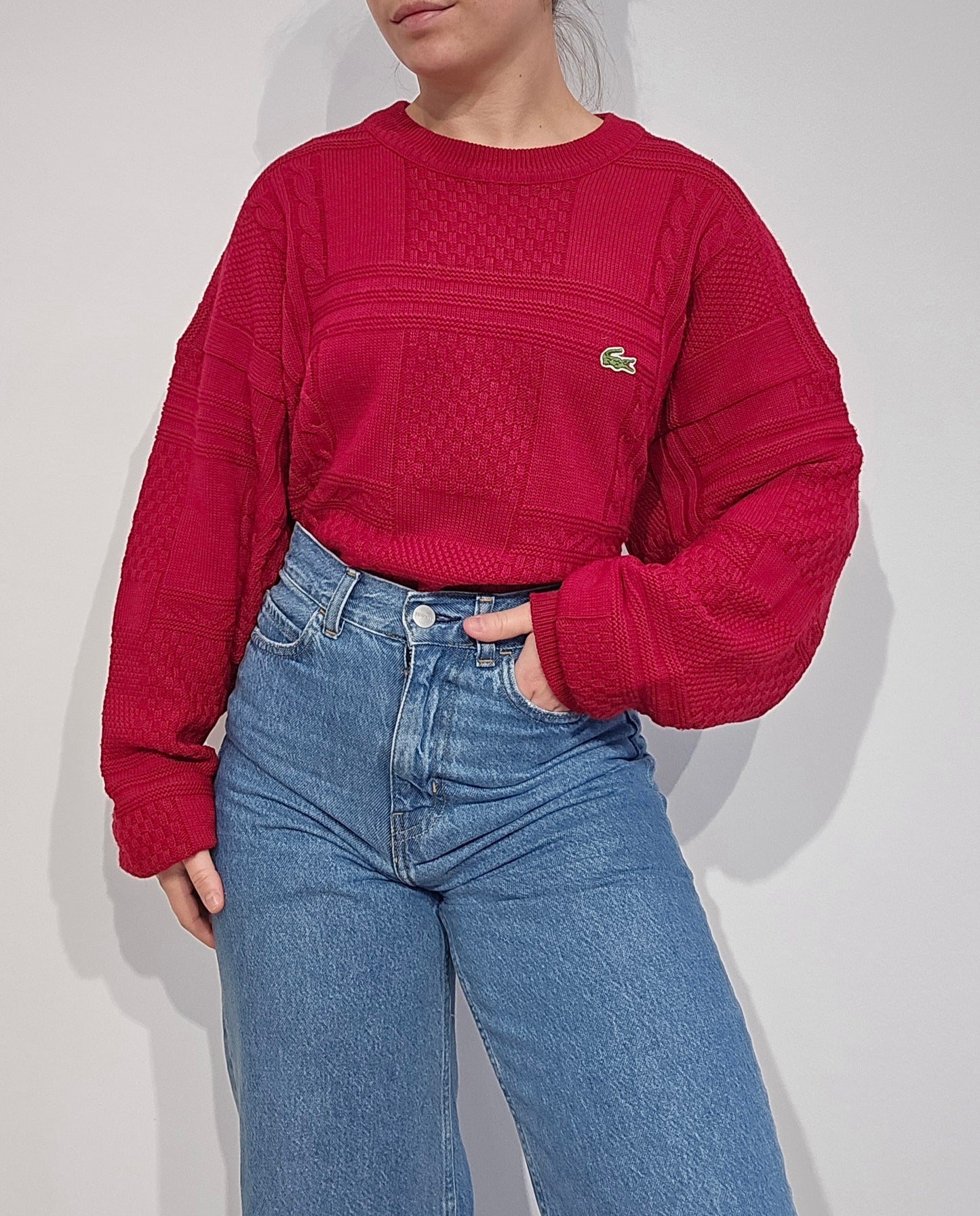 Pull en maille travaillée rouge des années 80' - XL