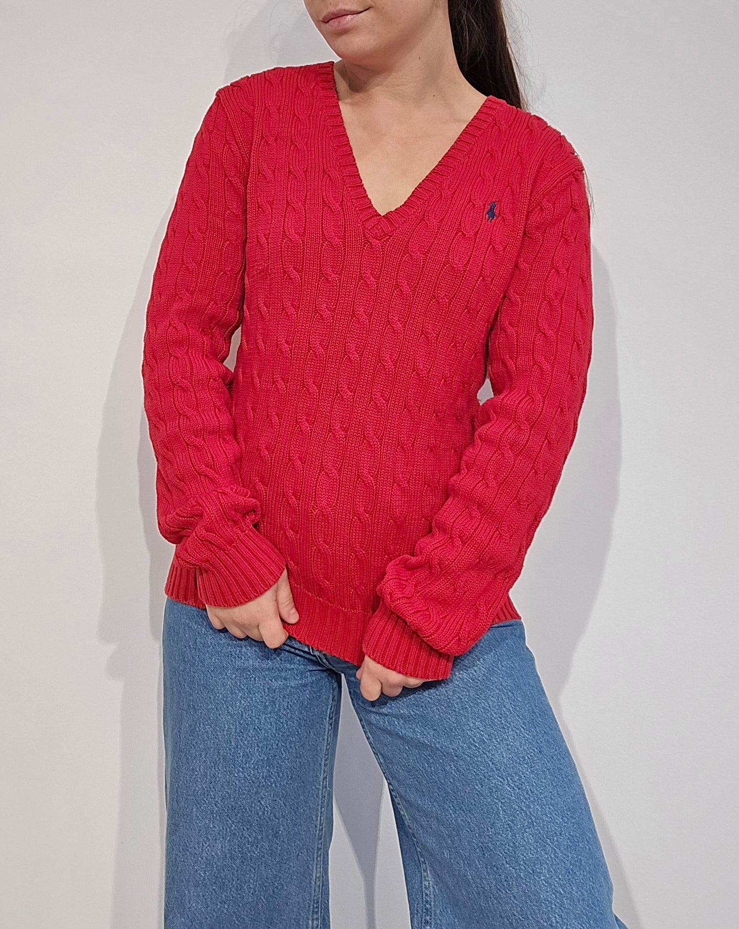 Pull col V en maille torsadée rouge - L/XL