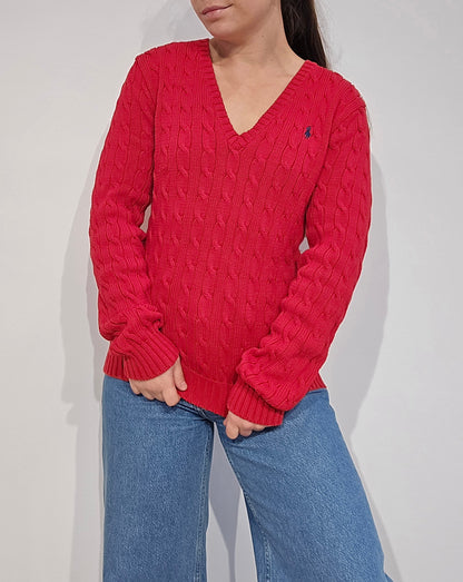 Pull col V en maille torsadée rouge - L/XL