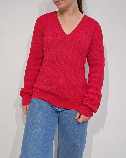 Pull col V en maille torsadée rouge - L/XL
