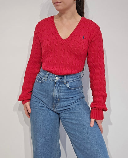 Pull col V en maille torsadée rouge - L/XL