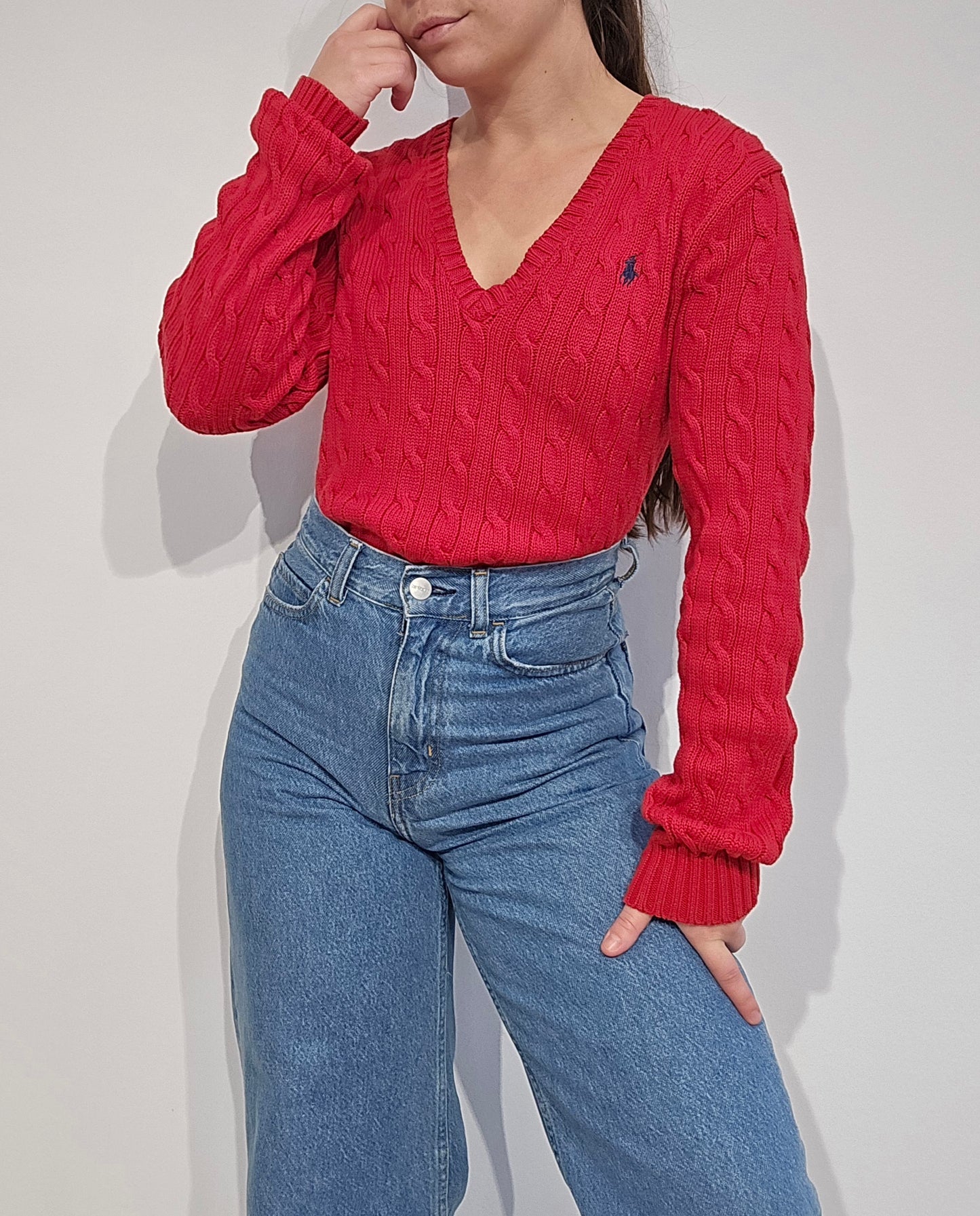 Pull col V en maille torsadée rouge - L/XL