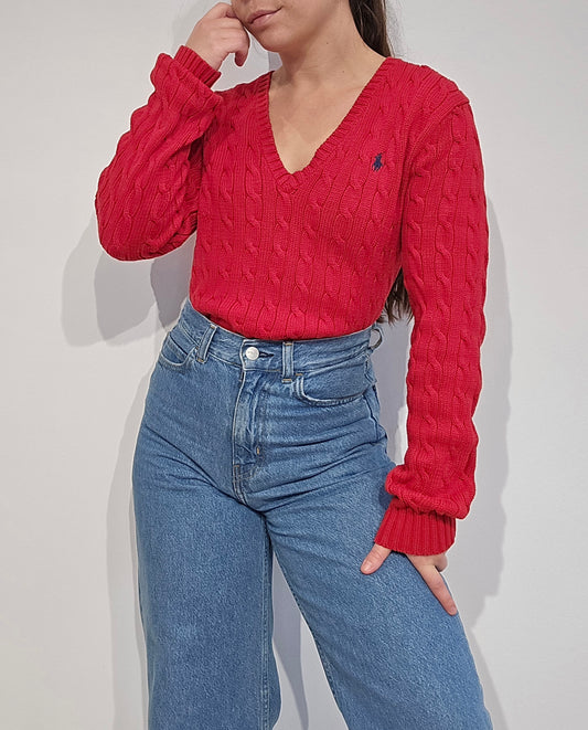 Pull col V en maille torsadée rouge - L/XL