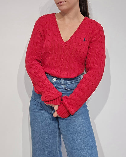 Pull col V en maille torsadée rouge - L/XL