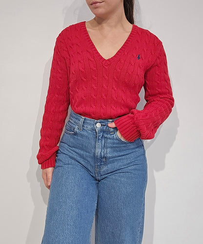 Pull col V en maille torsadée rouge - L/XL