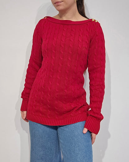 Pull col bateau en maille torsadée rouge - M