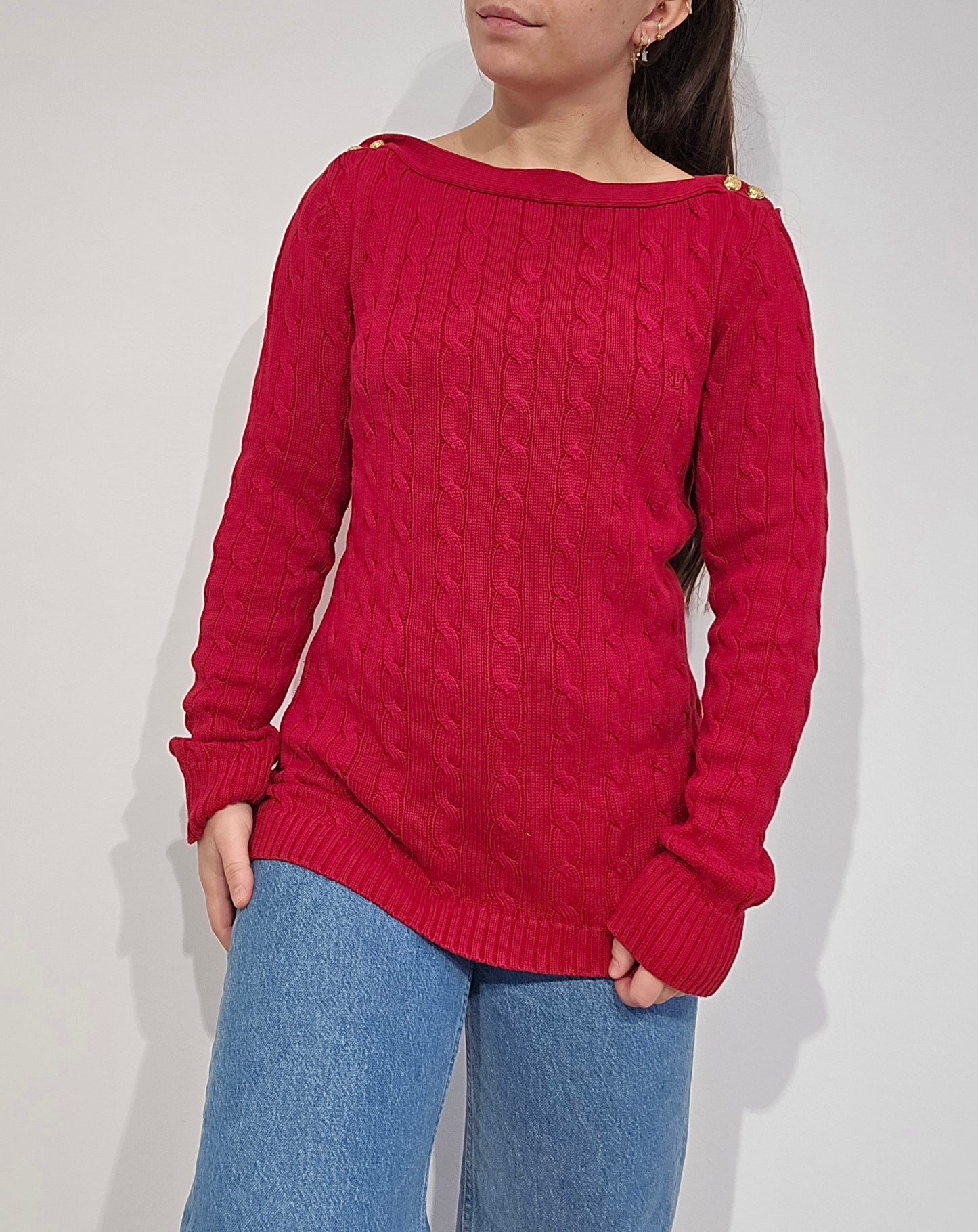 Pull col bateau en maille torsadée rouge - M