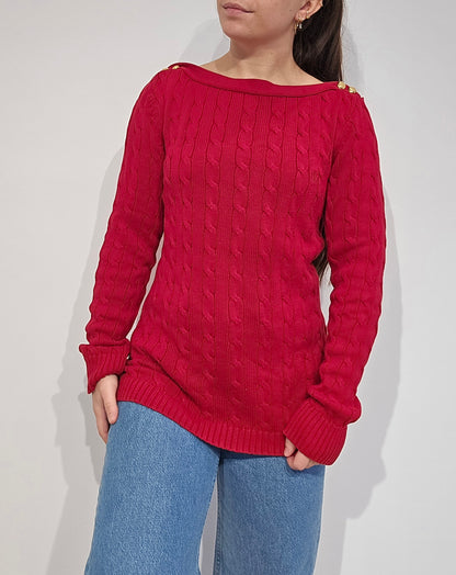 Pull col bateau en maille torsadée rouge - M