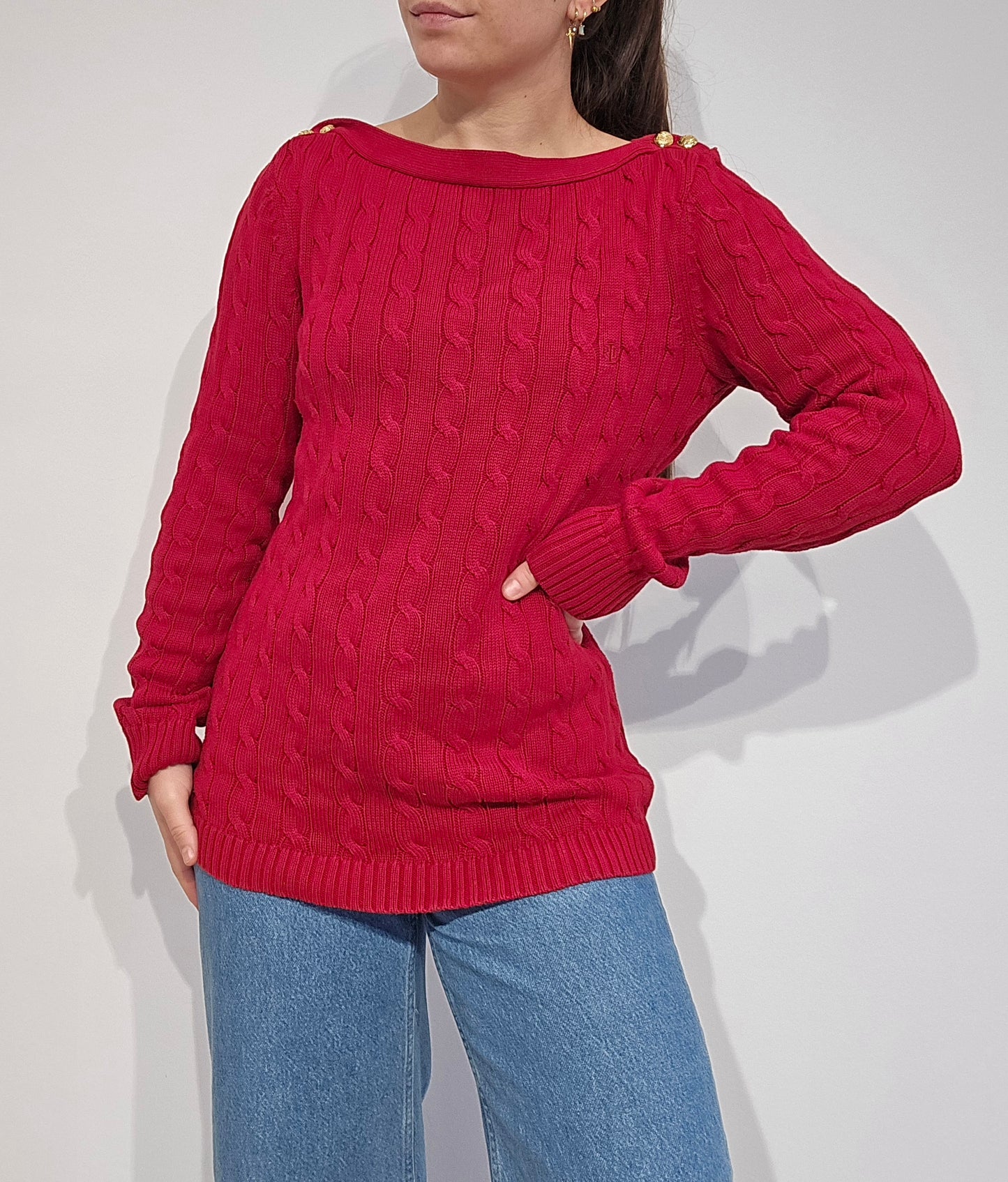 Pull col bateau en maille torsadée rouge - M
