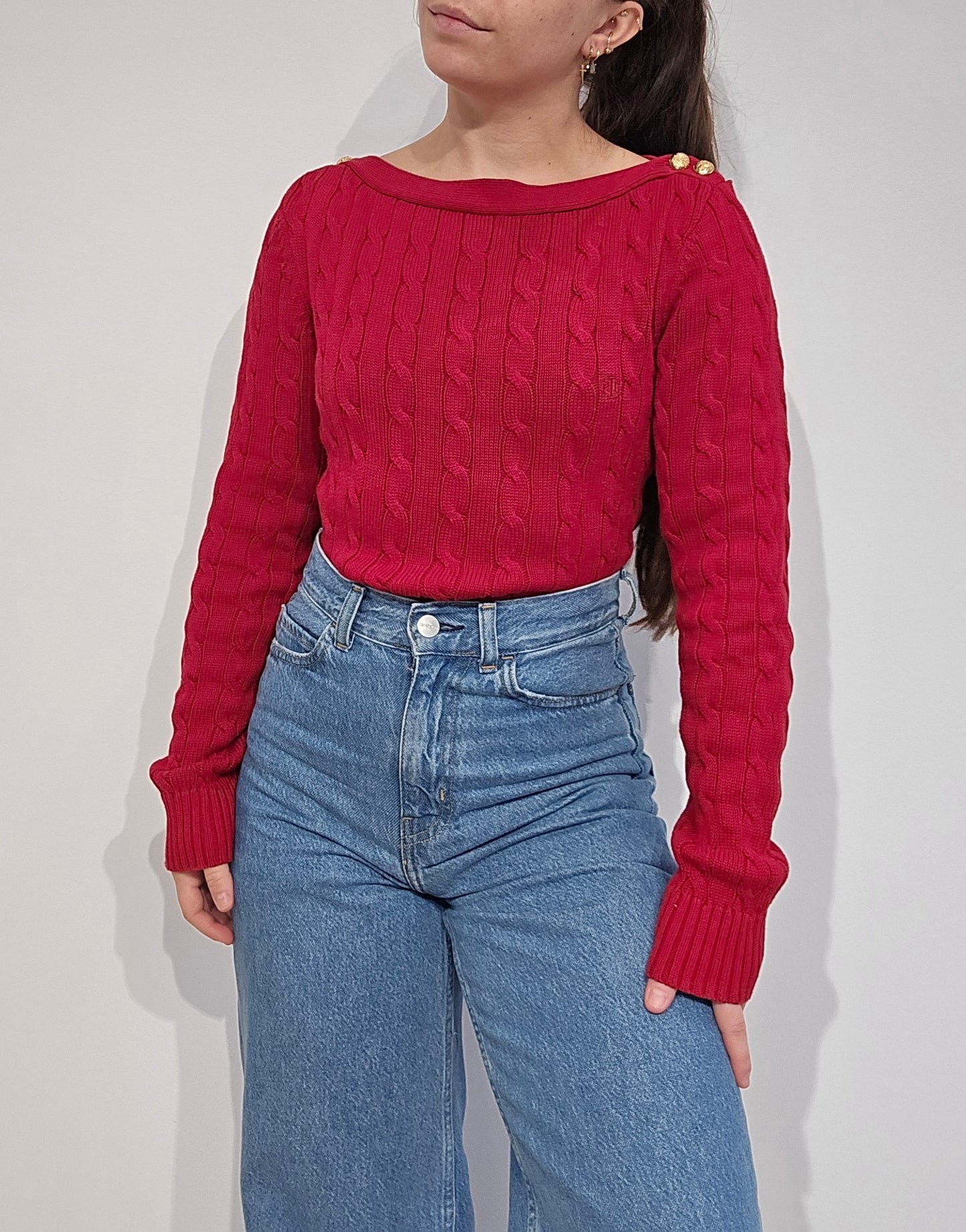 Pull col bateau en maille torsadée rouge - M