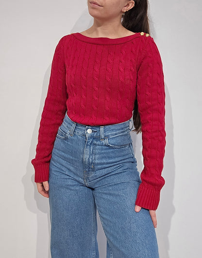 Pull col bateau en maille torsadée rouge - M