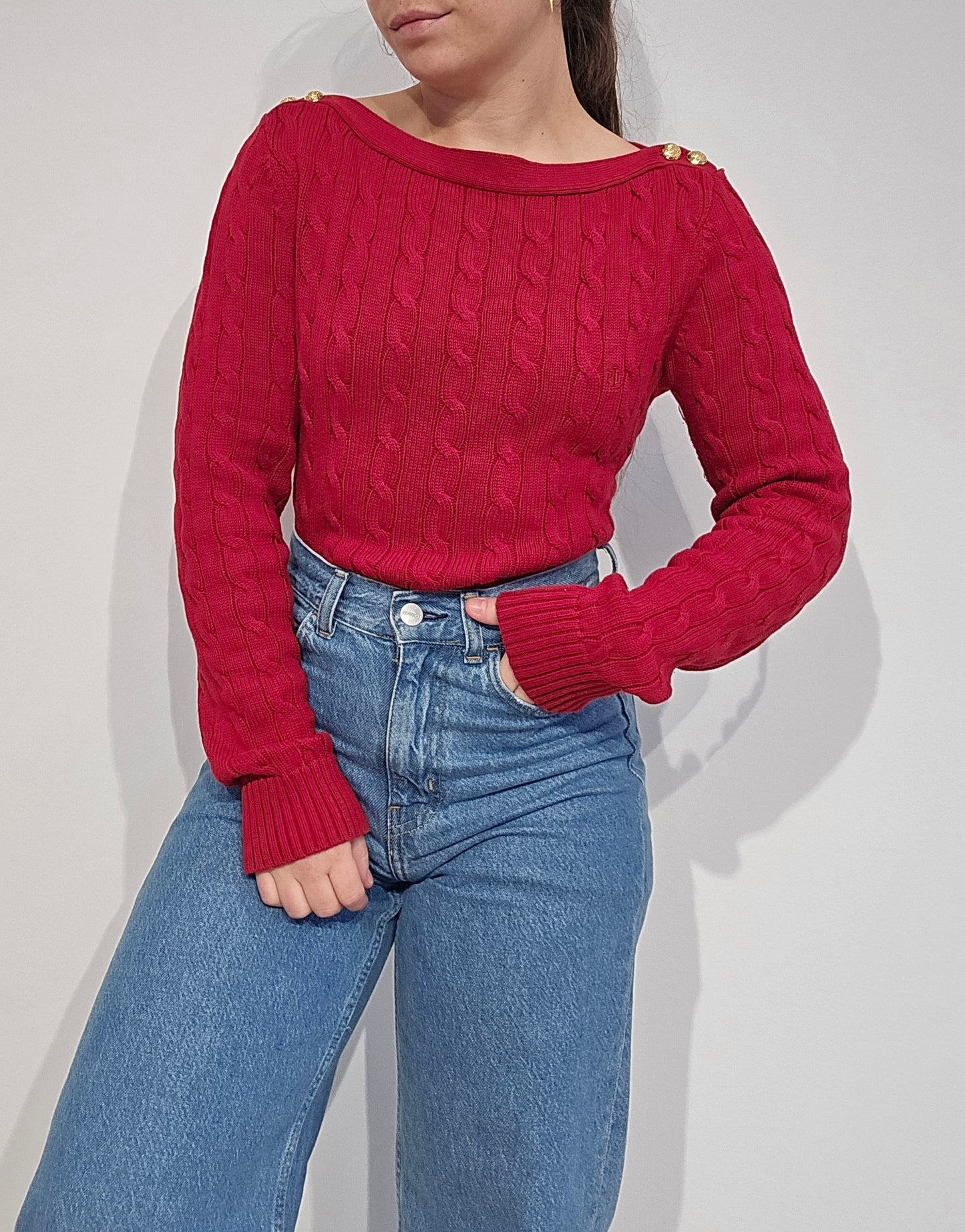 Pull col bateau en maille torsadée rouge - M