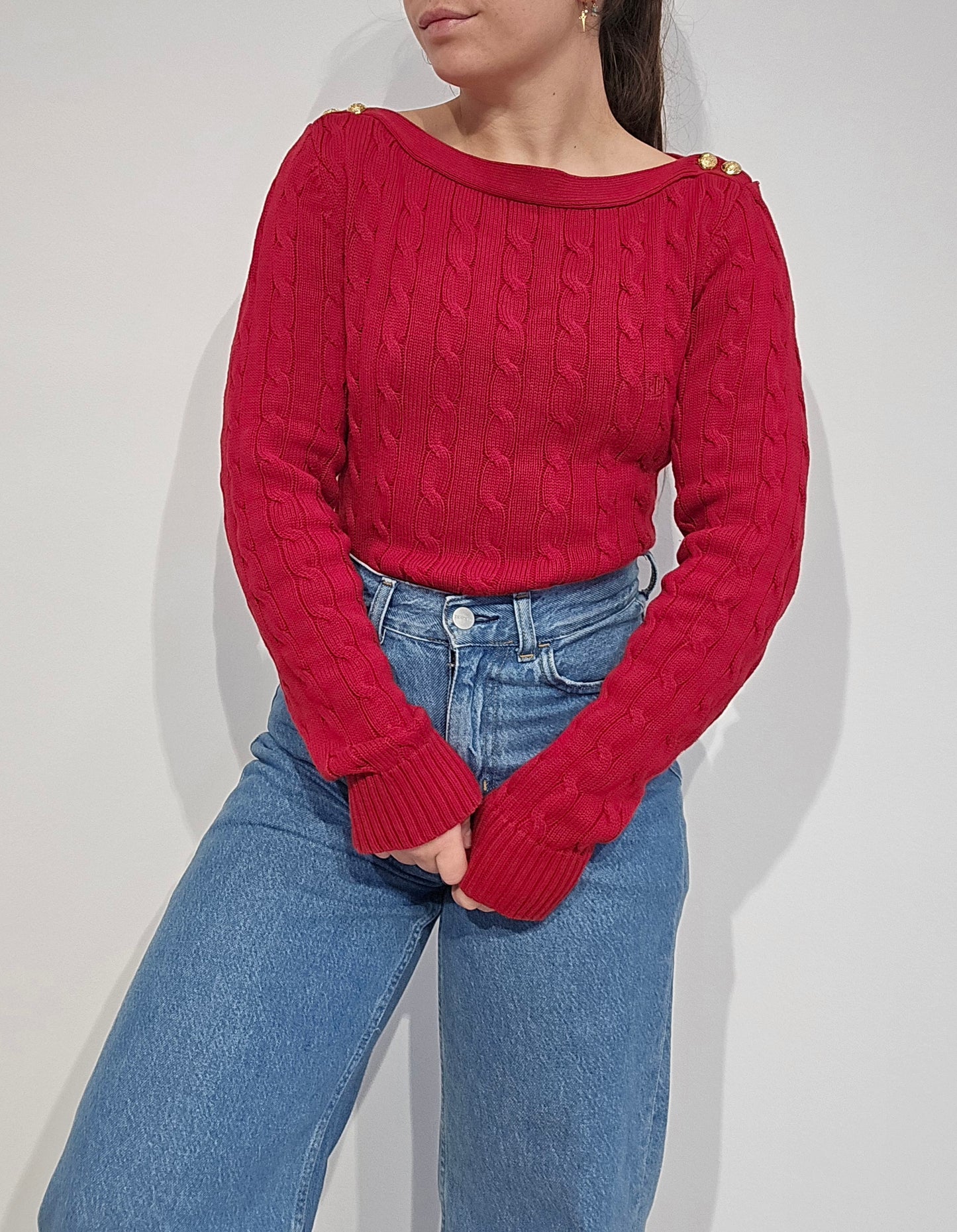 Pull col bateau en maille torsadée rouge - M