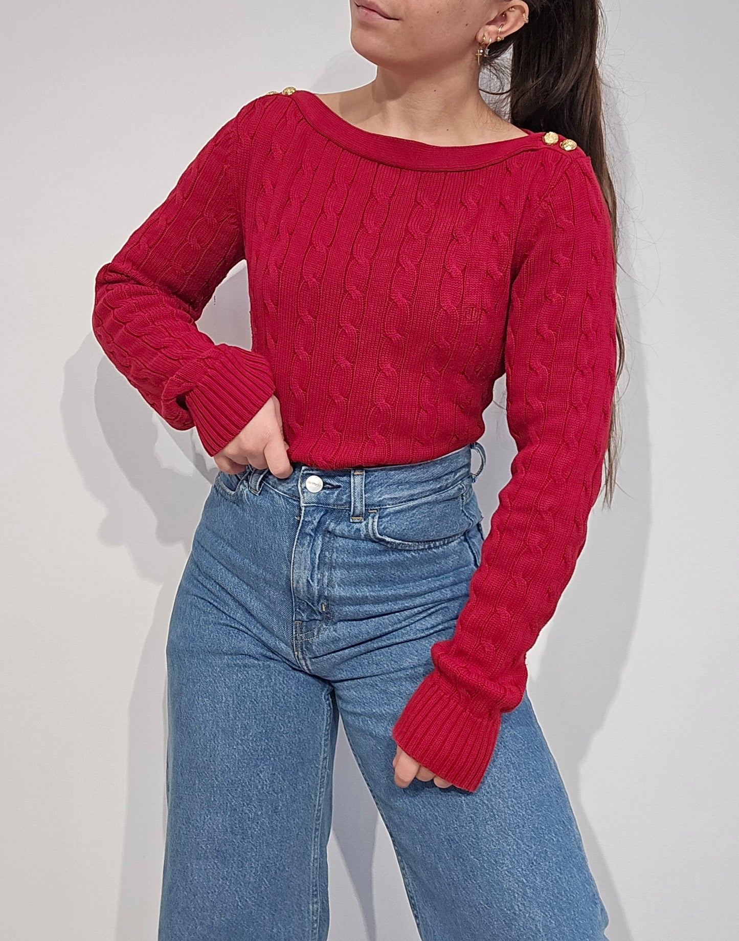 Pull col bateau en maille torsadée rouge - M