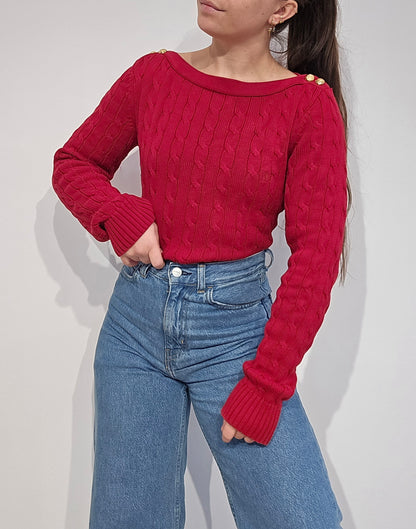 Pull col bateau en maille torsadée rouge - M