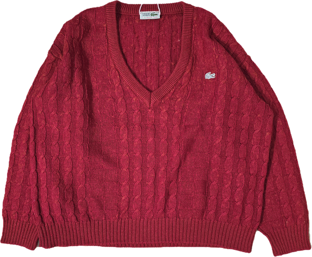 Pull col V en maille torsadée rouge des années 80' fabriqué en Espagne - XL