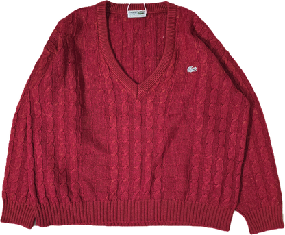Pull col V en maille torsadée rouge des années 80' fabriqué en Espagne - XL