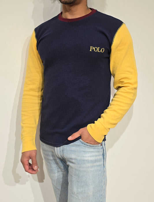 Pull léger en coton marine et jaune - M