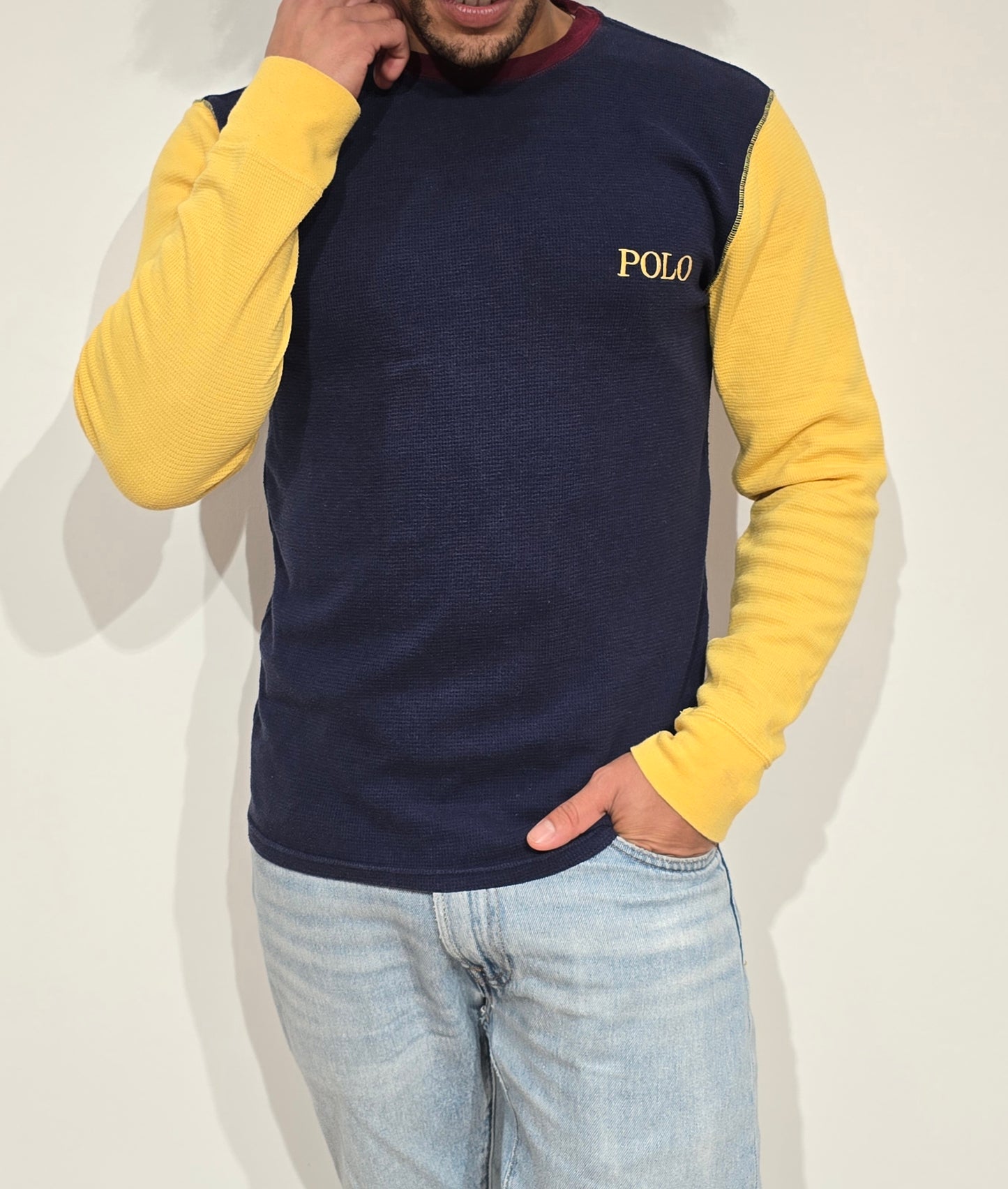 Pull léger en coton marine et jaune - M
